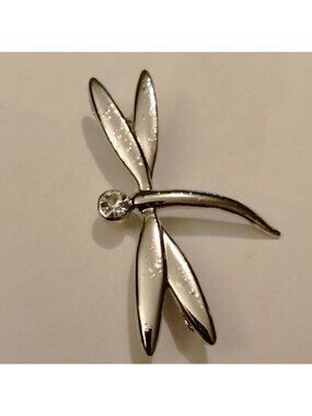 TH Dragonfly Brooch Scarf Lapel Pin Sun Dragon Silver Tone Rhinestone Head